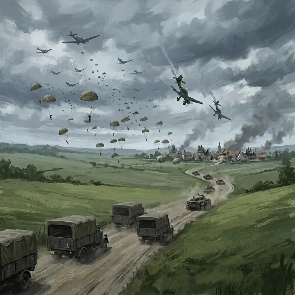 German Panzer columns advancing through the countryside