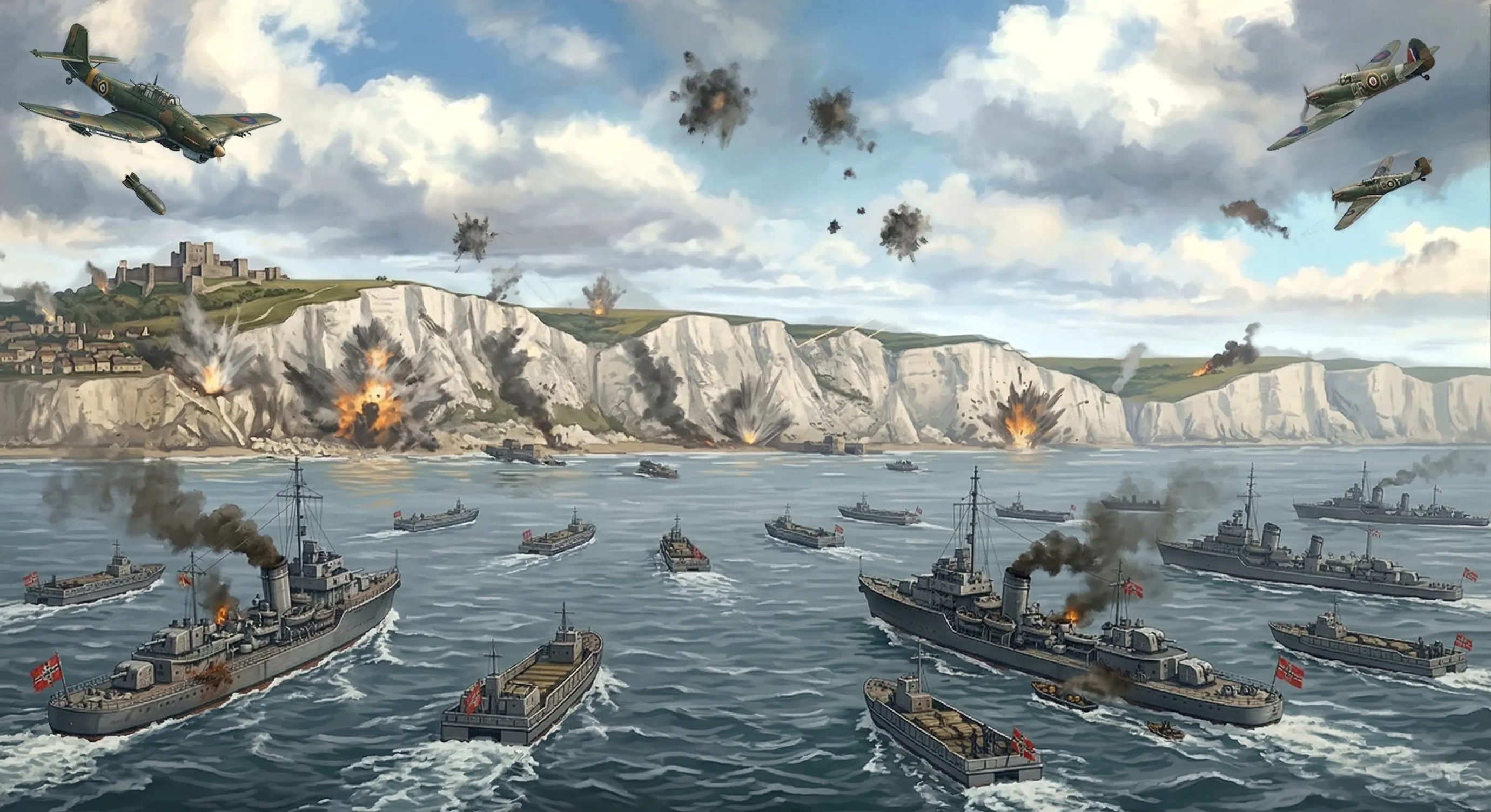 The invasion fleet approaches the white cliffs of Dover