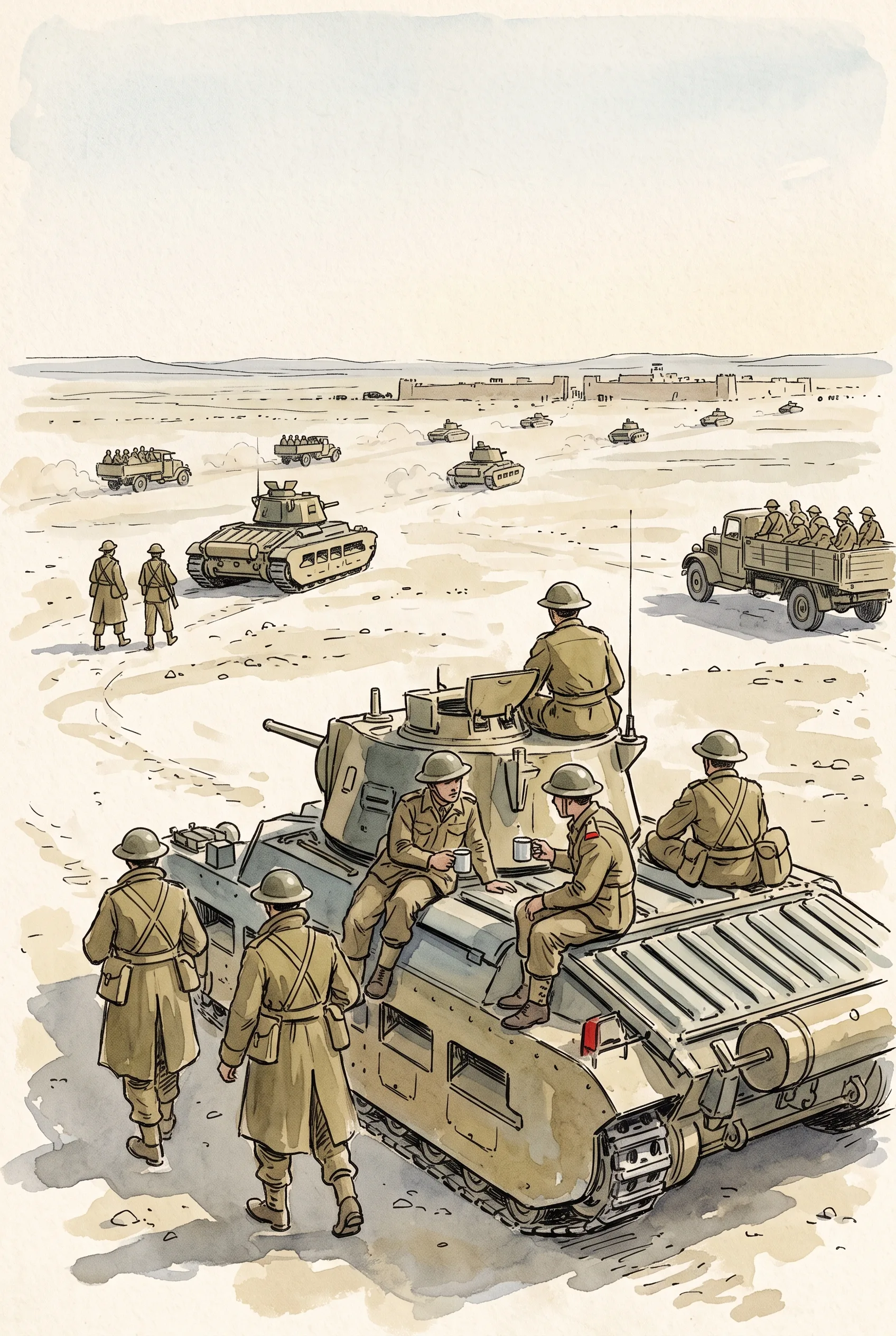 Campaign illustration of British infantry and Matilda tanks crossing the desert