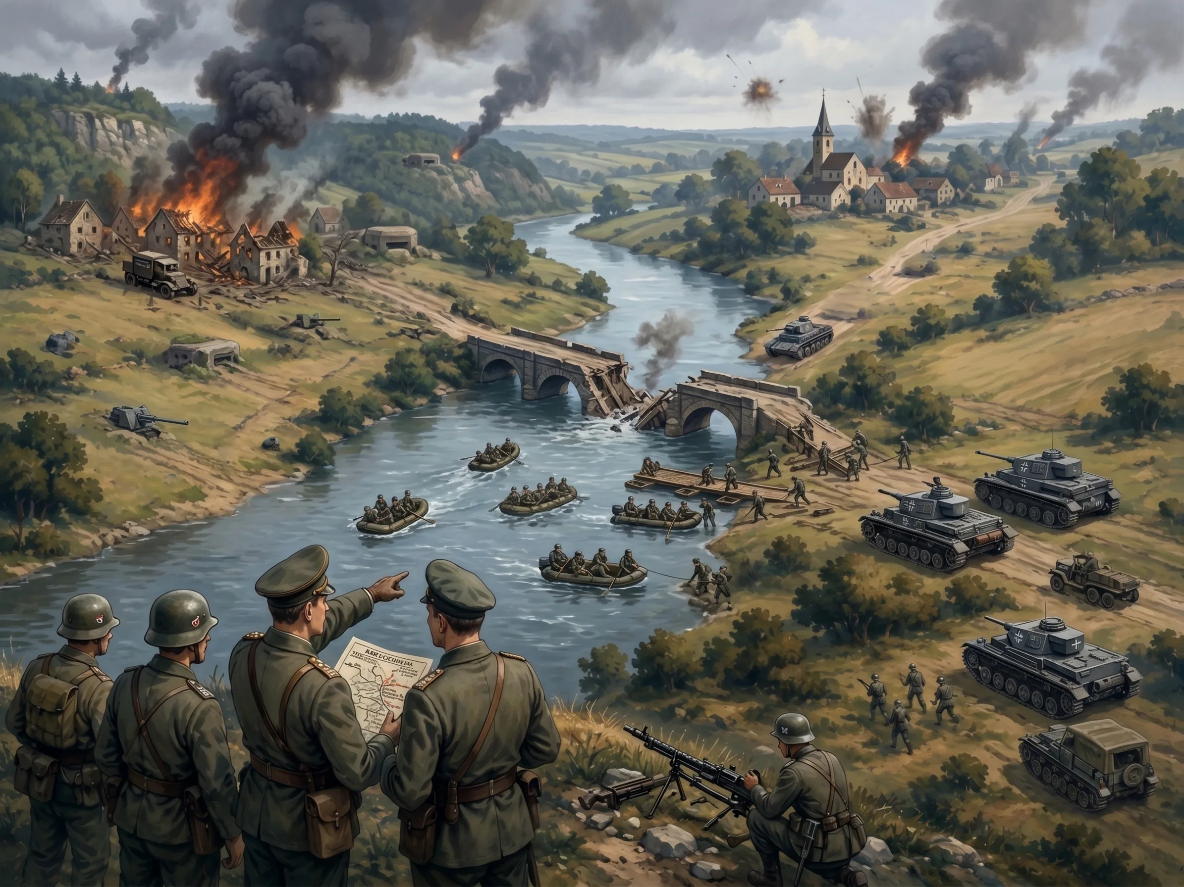 The same ground under artillery, smoke, and armour