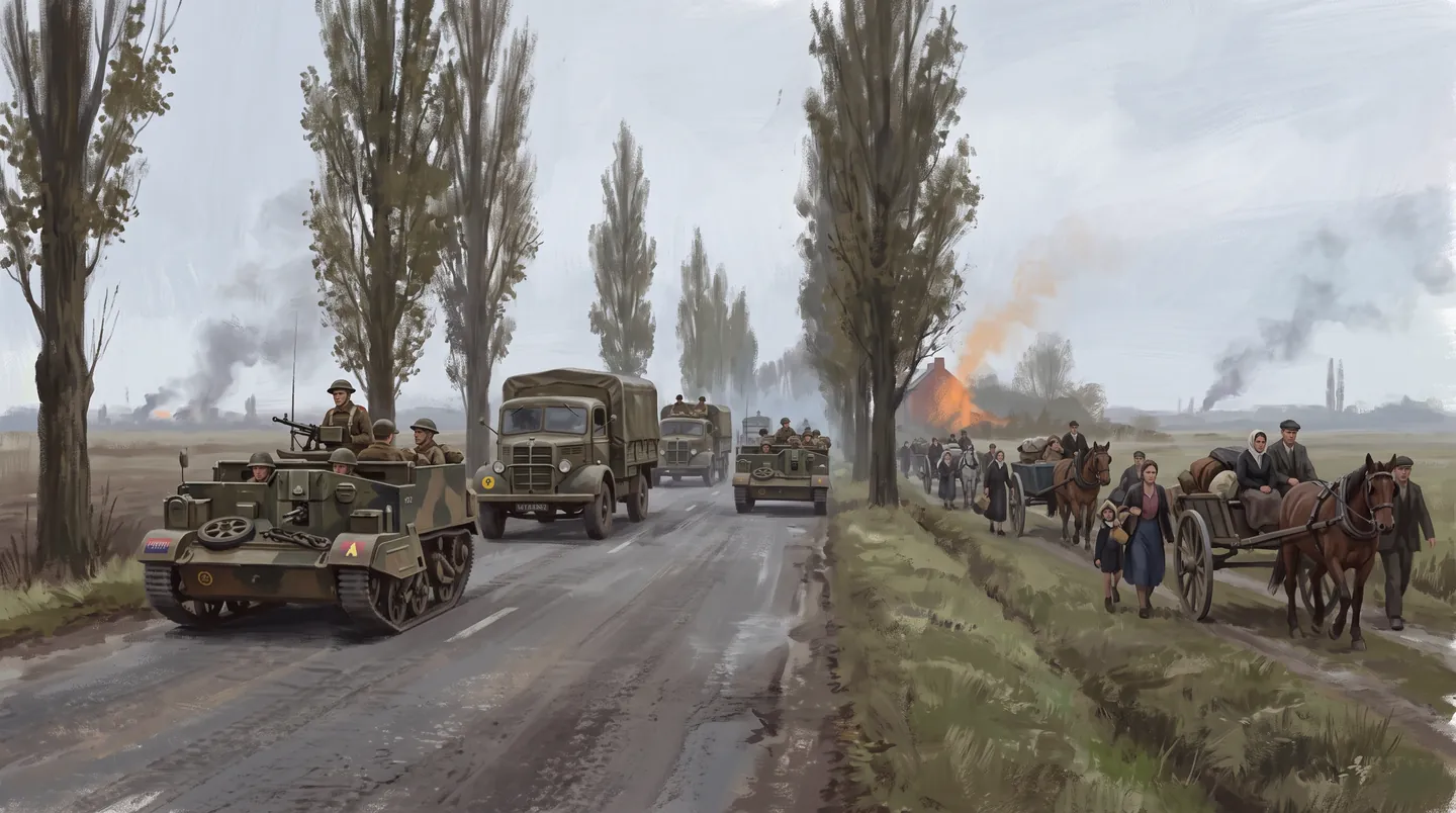 A British column advances along a Belgian country road
