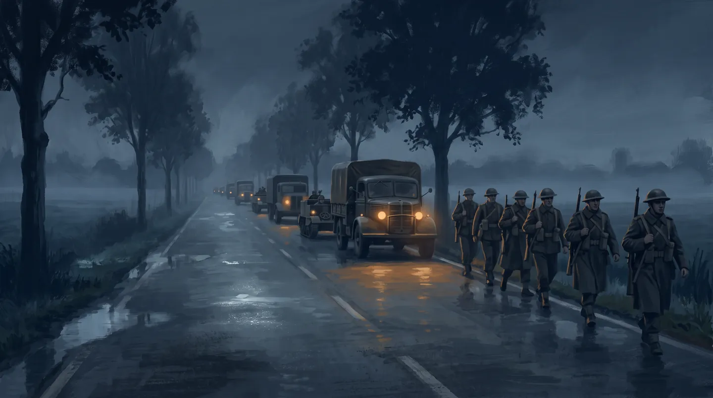 British soldiers withdraw along a road under a darkening sky