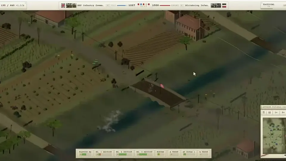 Gameplay view of a battle around a river crossing