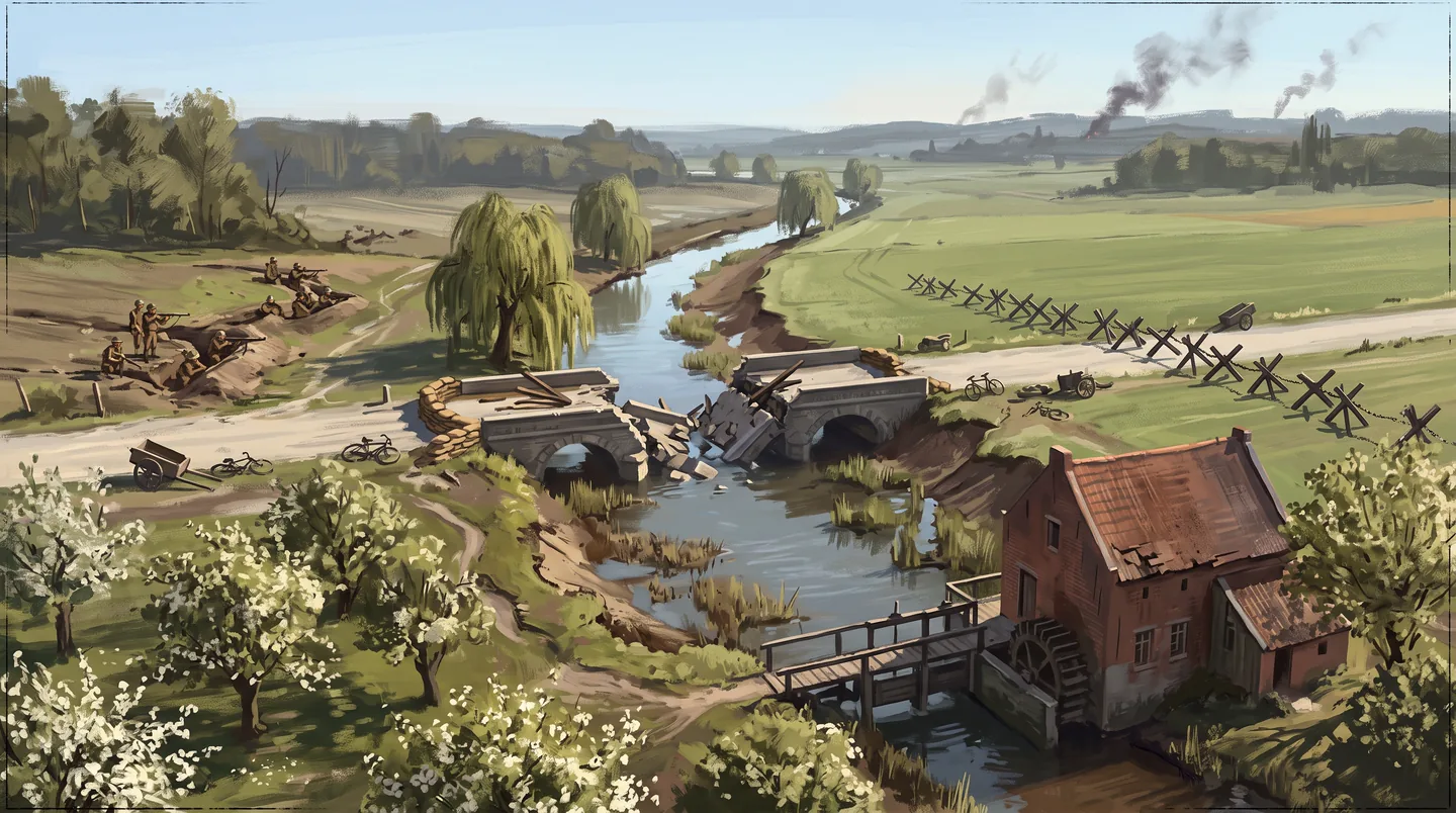 Operational map artwork showing the Dyle Line and its river crossings