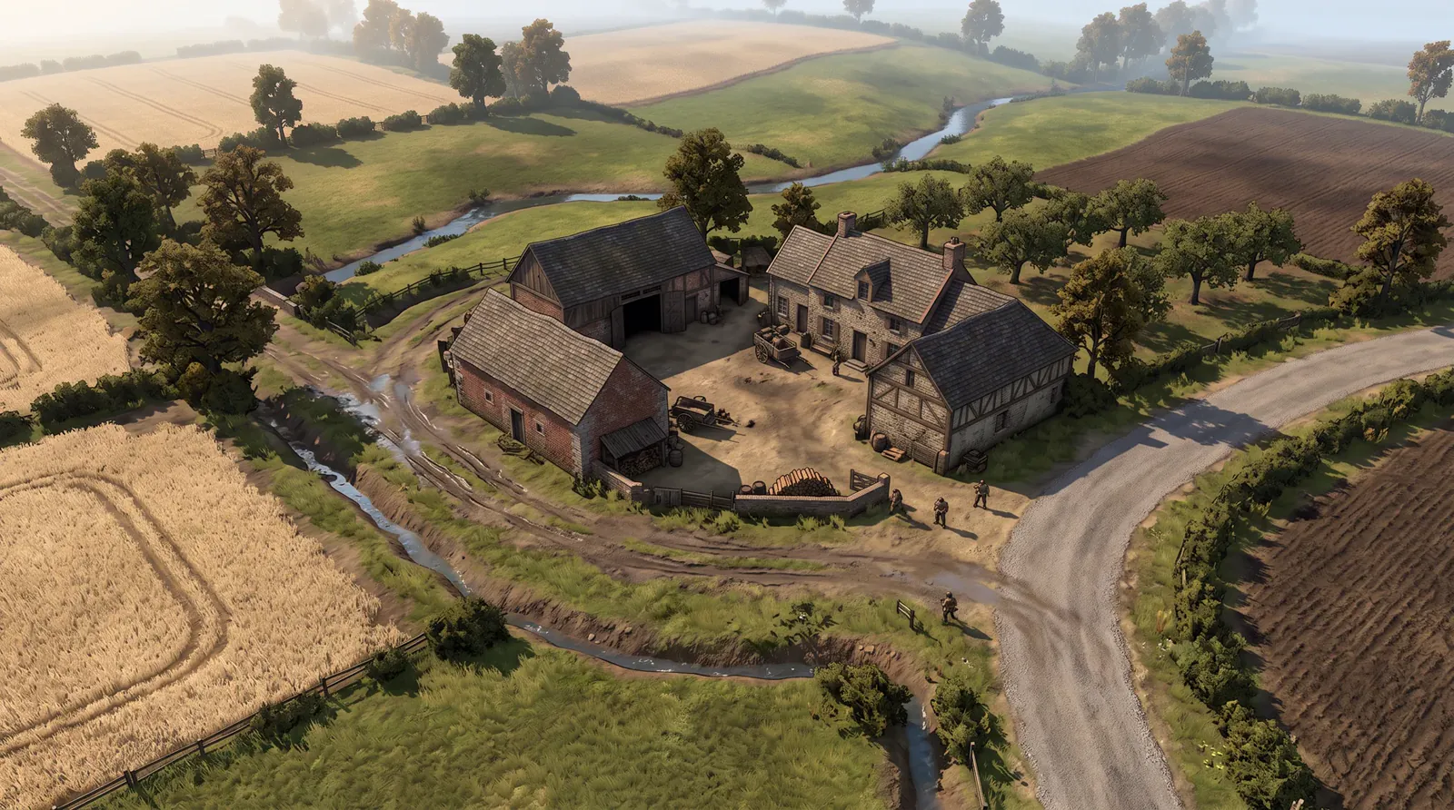 Farm buildings beside a stream on the Étaples battlefield