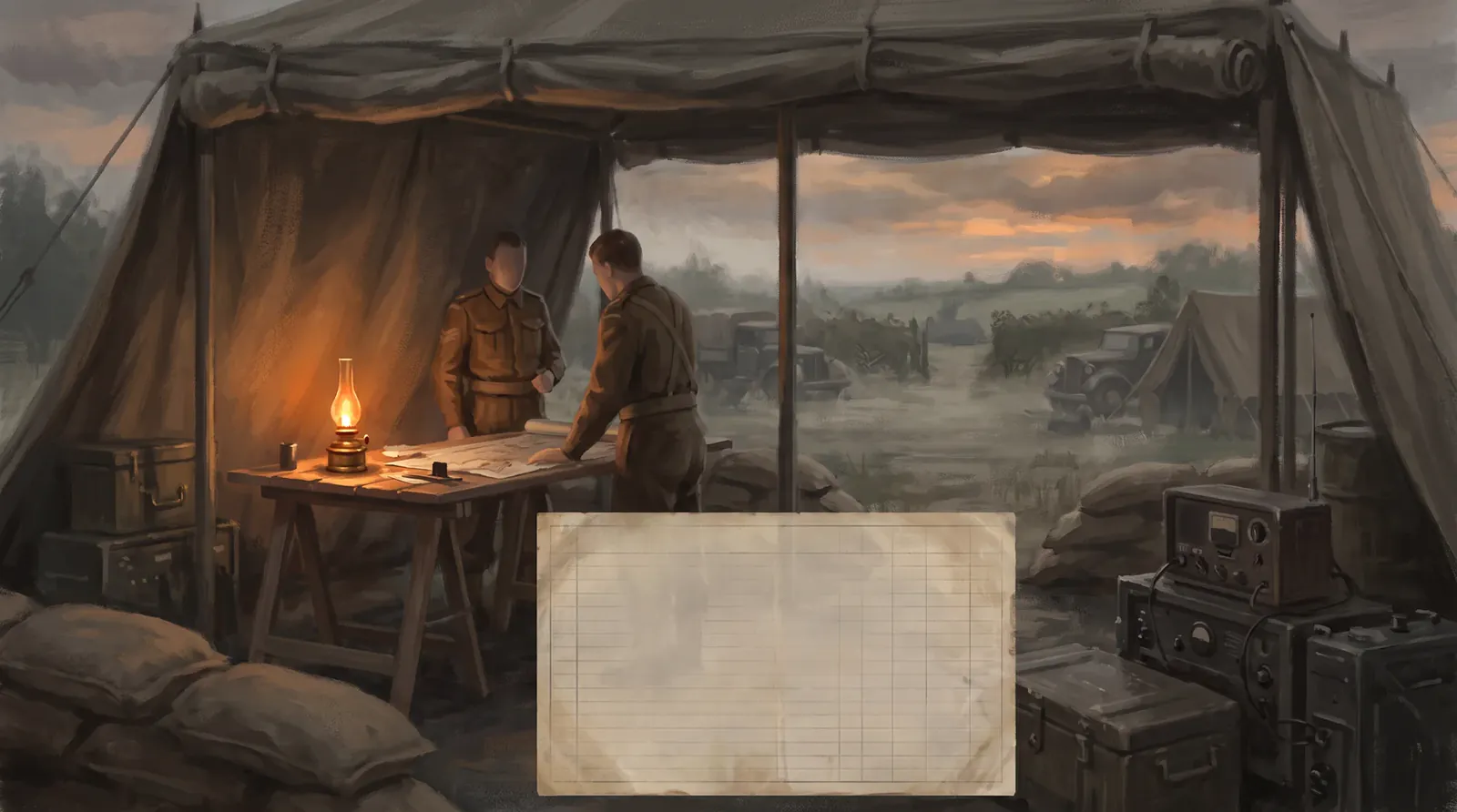 British officers studying a map in a field headquarters at dusk