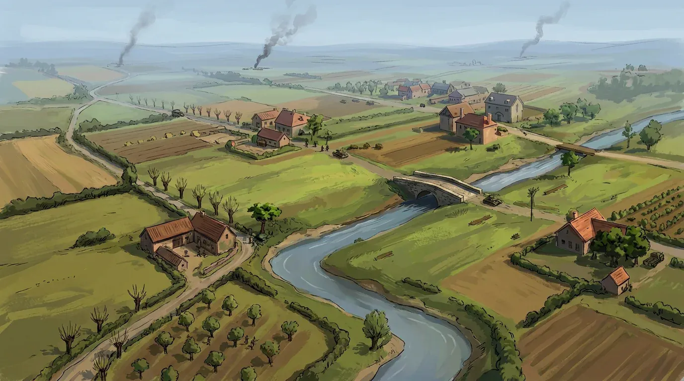 Illustrated French countryside cut by a river and stone bridge