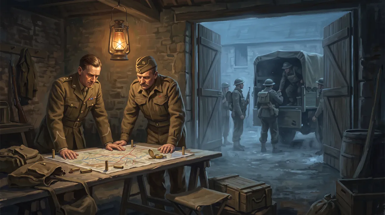 Two British officers plan while troops leave a barn for the battlefield