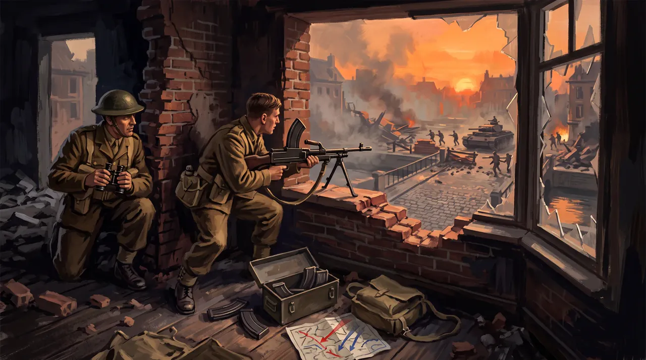 British soldiers hold a ruined building at sunset
